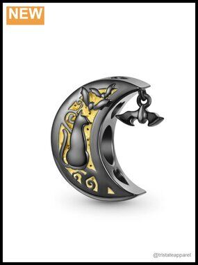 925 Sterling Silver Black Cat Moon Charm Fits Bracelet Necklace